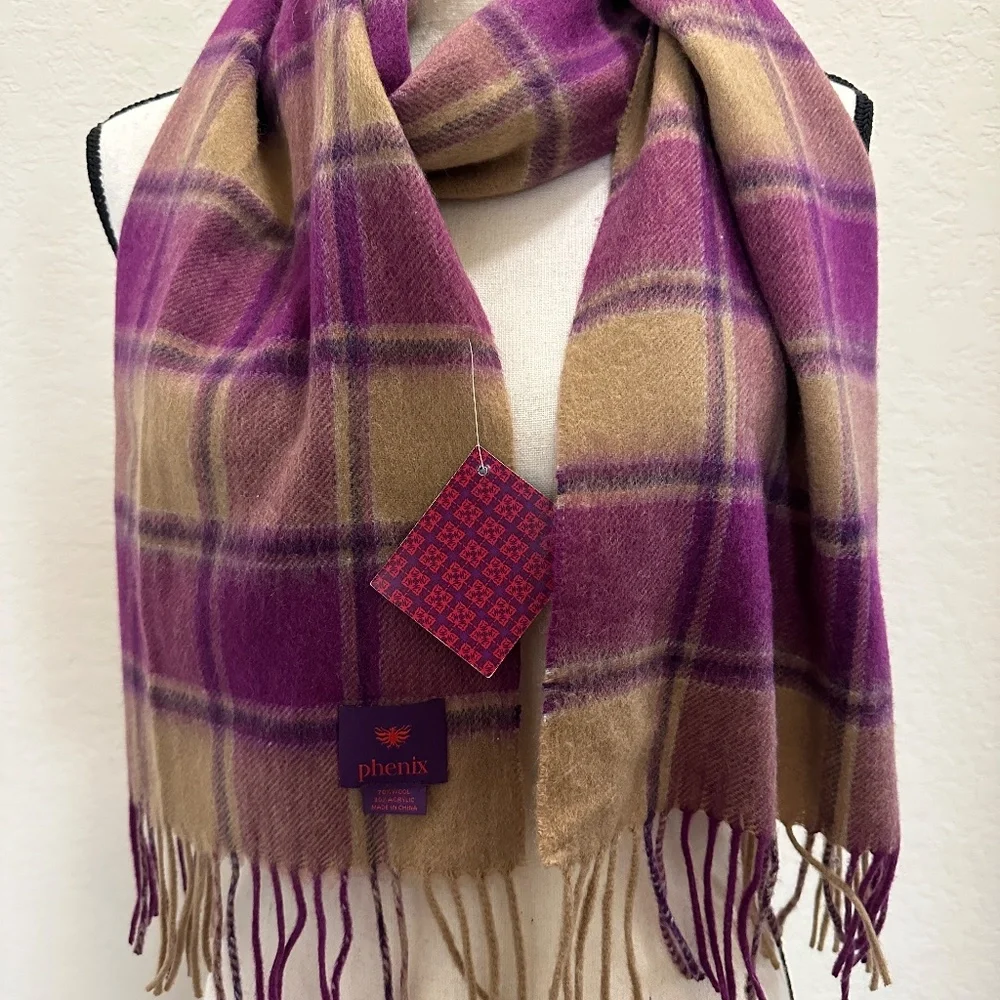 Phenix  Plaid Wool Scarf  Fringe Purple & Tan - Picture 5 of 5